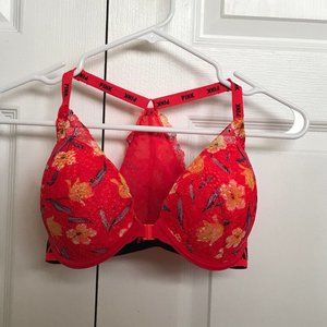 Red Floral Victoria's Secret Pink Bra 32DDD